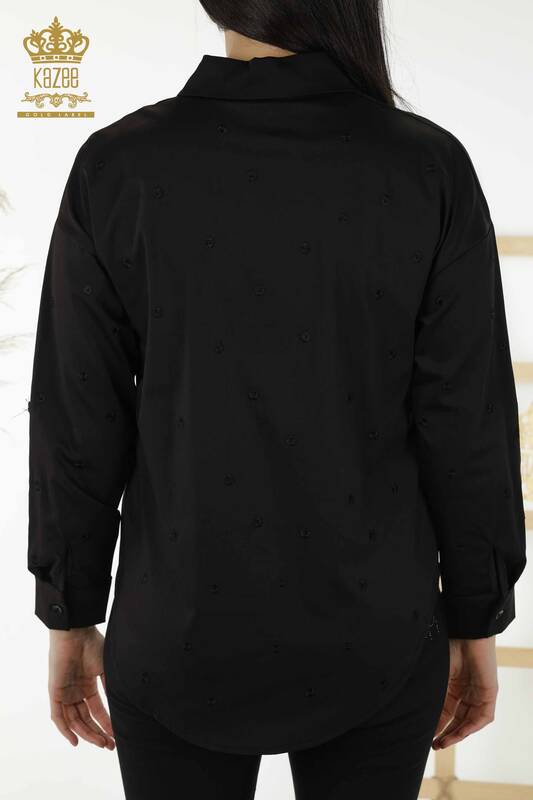 Camicia da donna nera all'ingrosso con ricamo floreale - 20254 | KAZEE