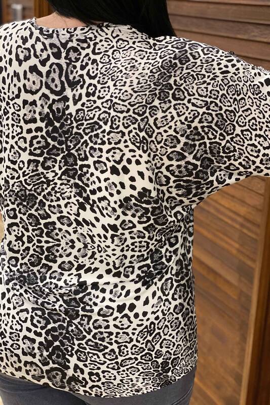 Camicetta da donna all'ingrosso manica corta dettaglio leopardo - 77227 | Kazee