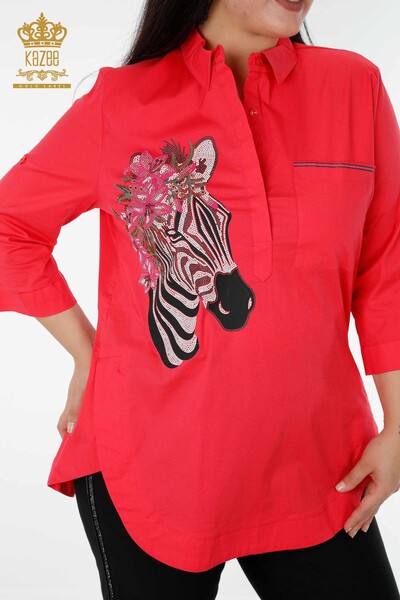 Camicia da donna all'ingrosso - Motivo floreale zebrato Corallo - 20126 | KAZEE - Thumbnail