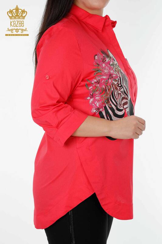 Camicia da donna all'ingrosso - Motivo floreale zebrato Corallo - 20126 | KAZEE