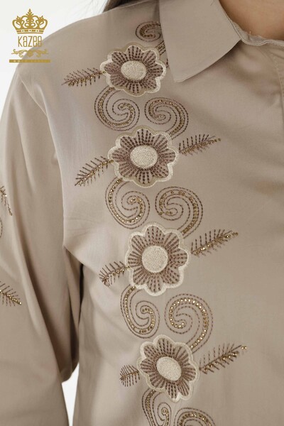 Camicia da donna all'ingrosso motivo floreale beige - 20246 | KAZEE - Thumbnail