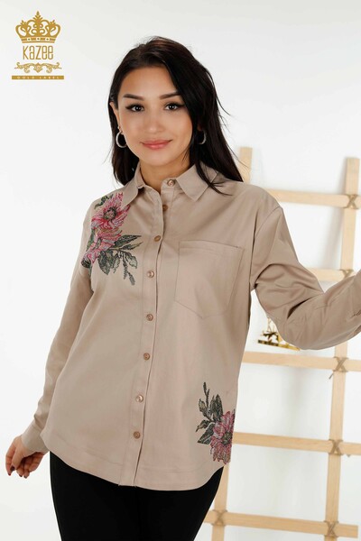 Camicia da donna all'ingrosso - Fiori colorati ricamati - Visone - 20234 | KAZEE - Thumbnail
