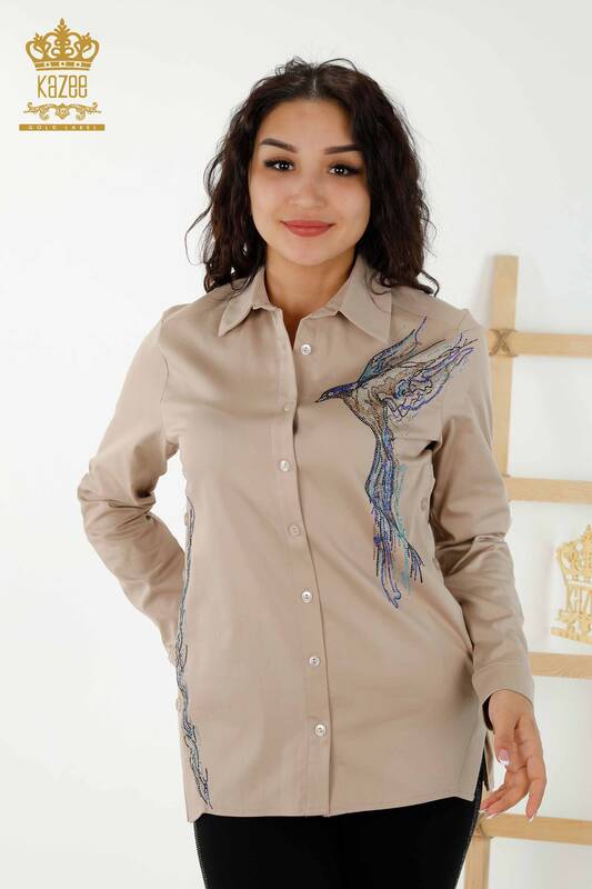 All'ingrosso Camicia da donna - Modello di uccelli colorati - Beige - 20236 | KAZEE
