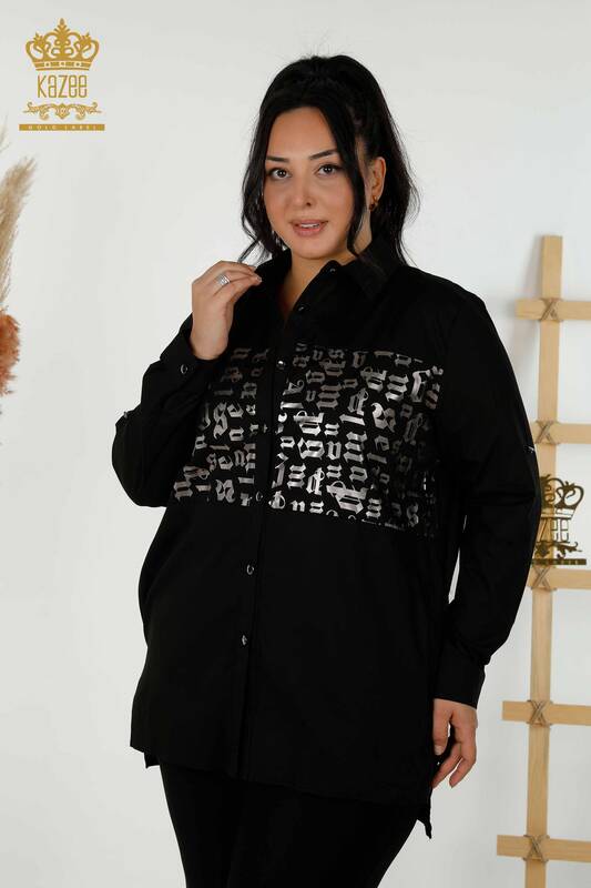 Camicia da donna nera all'ingrosso con tasca - 20080 | KAZEE