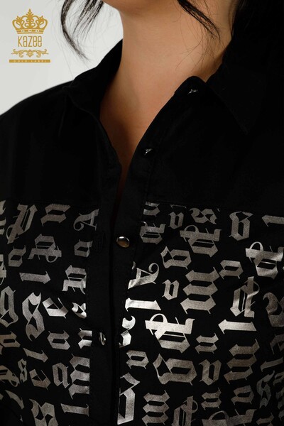 Camicia da donna nera all'ingrosso con tasca - 20080 | KAZEE - Thumbnail (2)