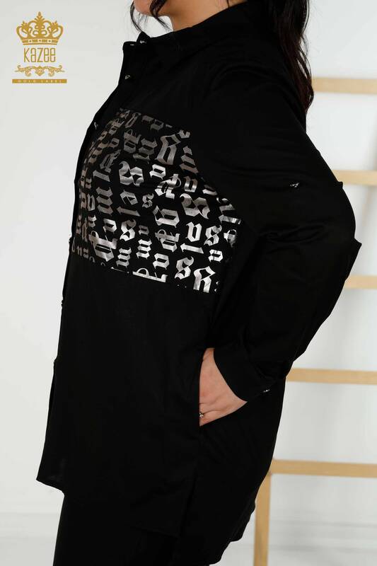 Camicia da donna nera all'ingrosso con tasca - 20080 | KAZEE