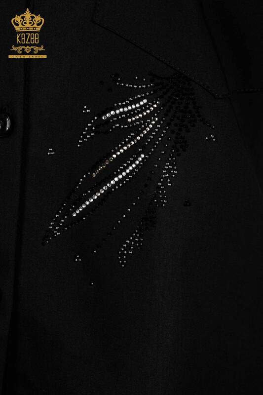 Camicia da donna all'ingrosso - Fiore - Pietra ricamata Nero - 20232 | KAZEE