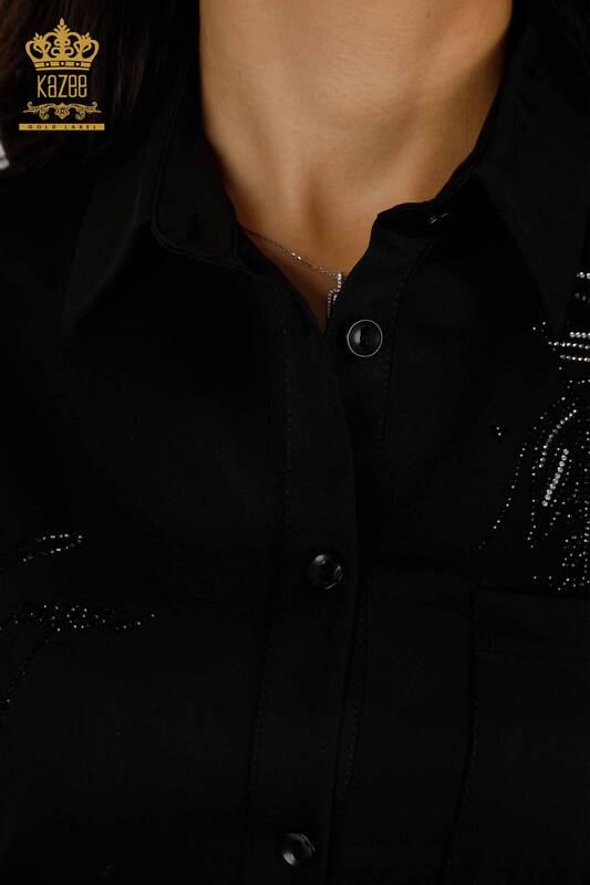 Camicia da donna all'ingrosso - Fiore - Pietra ricamata Nero - 20232 | KAZEE