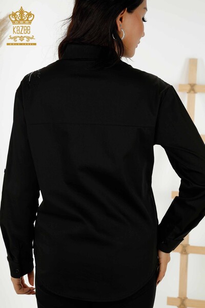 Camicia da donna all'ingrosso - Fiore - Pietra ricamata Nero - 20232 | KAZEE - Thumbnail
