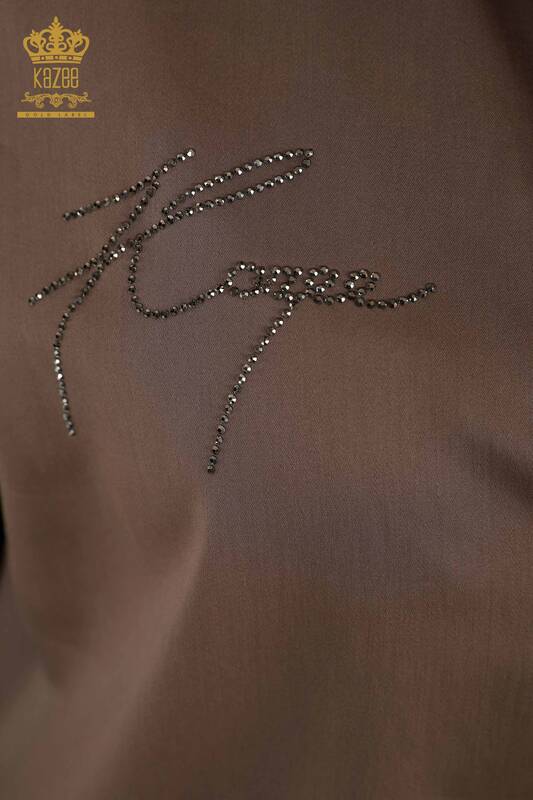 Camicia da donna all'ingrosso - Fiore Pietra ricamata Marrone - 20232 | KAZEE