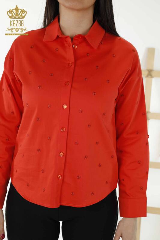 Camicia da donna all'ingrosso con ricamo floreale arancione - 20254 | KAZEE
