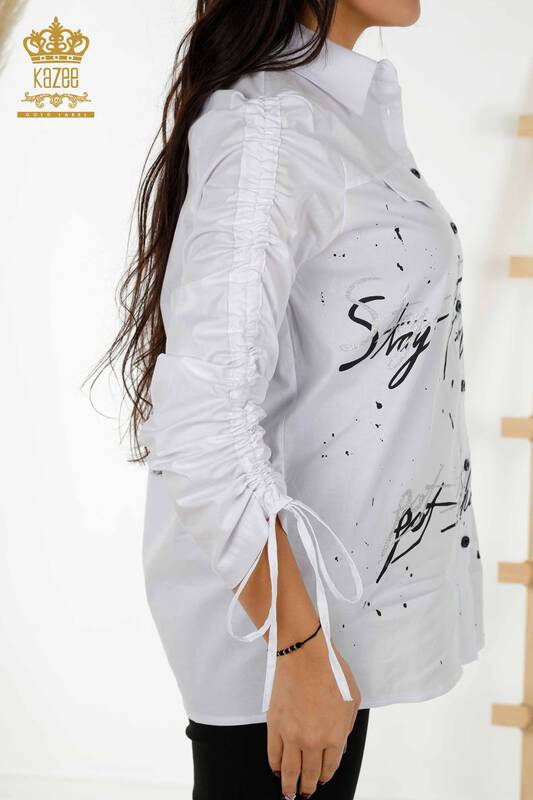 Camicia da donna all'ingrosso - Manica con coulisse - Bianco - 20322 | KAZEE
