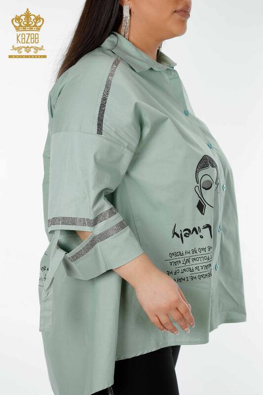All'ingrosso Camicia da donna - Modellato Testo dettagliato - Azzurro - 17141 | KAZEE
