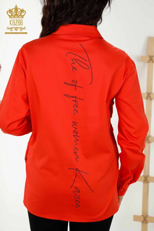 Camicia da donna all'ingrosso - Motivo floreale - Arancione - 20297 | KAZEE
