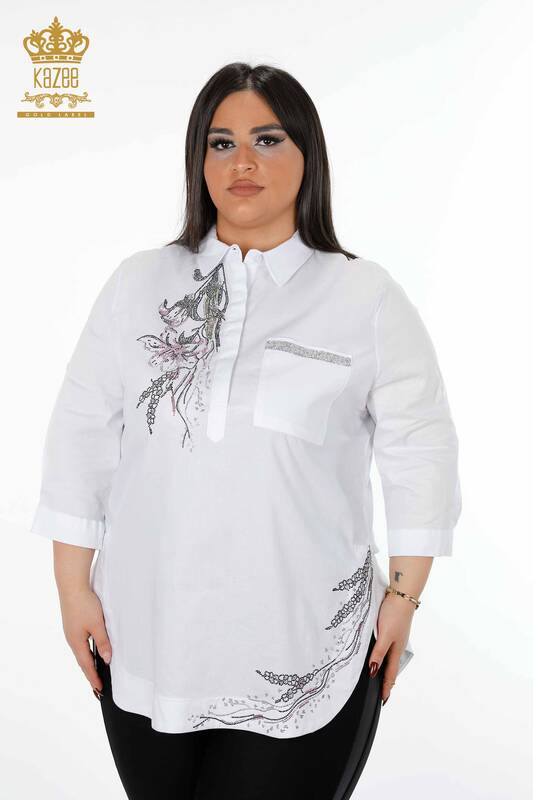 All'ingrosso Camicia da donna Motivo floreale Pietre ricamate Tasca dettagliata - 20142 | KAZEE