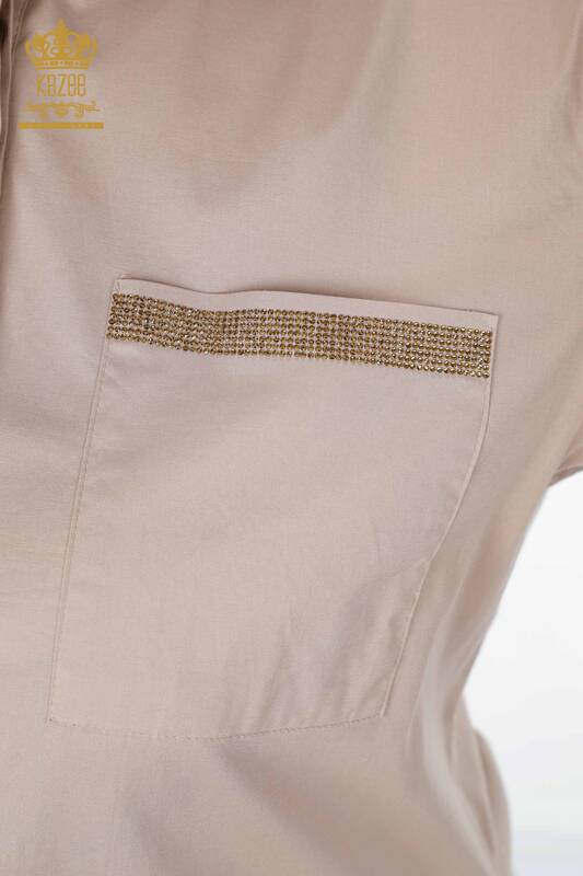 All'ingrosso Camicia da donna Motivo floreale Pietre ricamate Tasca dettagliata - 20142 | KAZEE