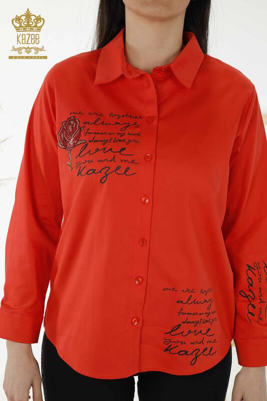 All'ingrosso Camicia Da Donna Con Motivo Rosa Arancione - 20227 | KAZEE
