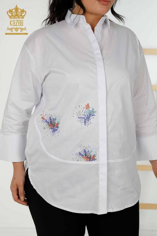 Ingrosso Camicia Donna Color Pietra Ricamata Bianca - 20064 | KAZEE
