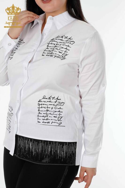 Camicie da donna all'ingrosso Testo dettagliato Bianco - 20097 | KAZEE