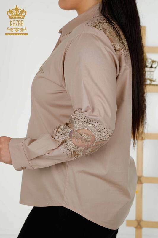 All'ingrosso Camicia da donna - Dettagli in tulle - Beige - 20407 | KAZEE