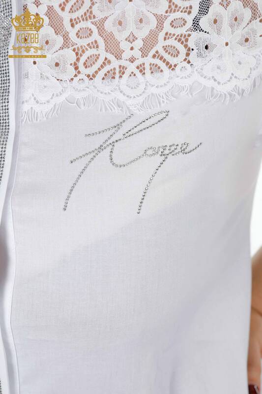Camicia da donna all'ingrosso - Dettagli in tulle - Modellato Ricami in pietra di cristallo - 20211 | KAZEE