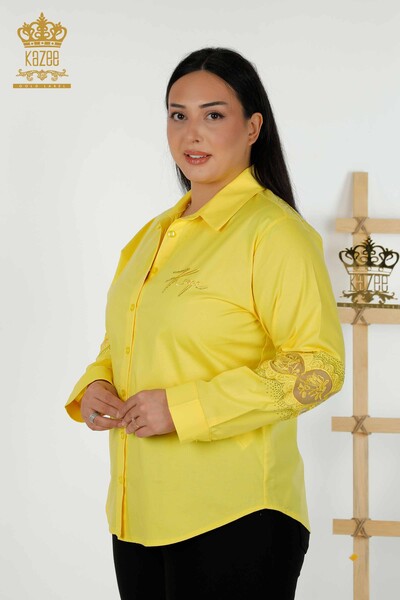 All'ingrosso Camicia da donna - Dettagli in tulle - Giallo - 20407 | KAZEE - Thumbnail
