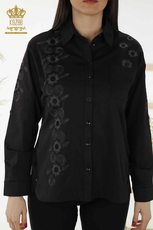 Camicia da donna all'ingrosso motivo floreale nera - 20246 | KAZEE