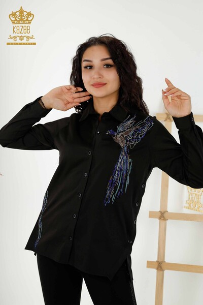 All'ingrosso Camicia da donna - Modello di uccelli colorati - Nero - 20236 | KAZEE - Thumbnail