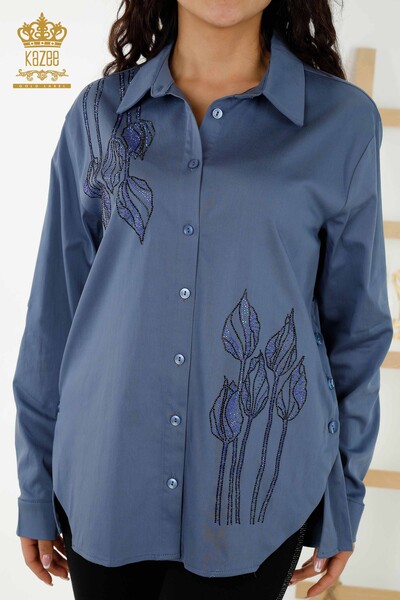 Camicia da donna all'ingrosso - Motivo floreale - Indaco - 20297 | KAZEE - Thumbnail