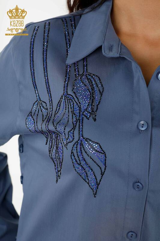 Camicia da donna all'ingrosso - Motivo floreale - Indaco - 20297 | KAZEE