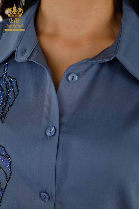 Camicia da donna all'ingrosso - Motivo floreale - Indaco - 20297 | KAZEE