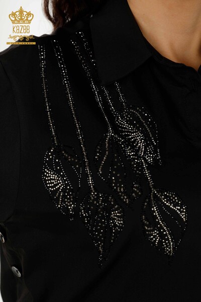 Camicia da donna all'ingrosso - Motivo floreale - Nero - 20297 | KAZEE - Thumbnail