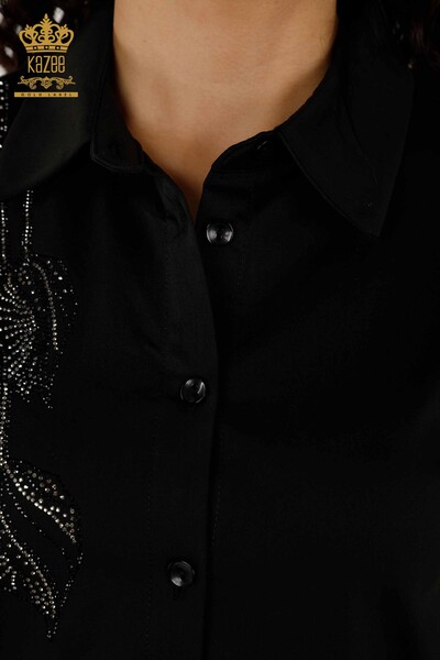 Camicia da donna all'ingrosso - Motivo floreale - Nero - 20297 | KAZEE - Thumbnail