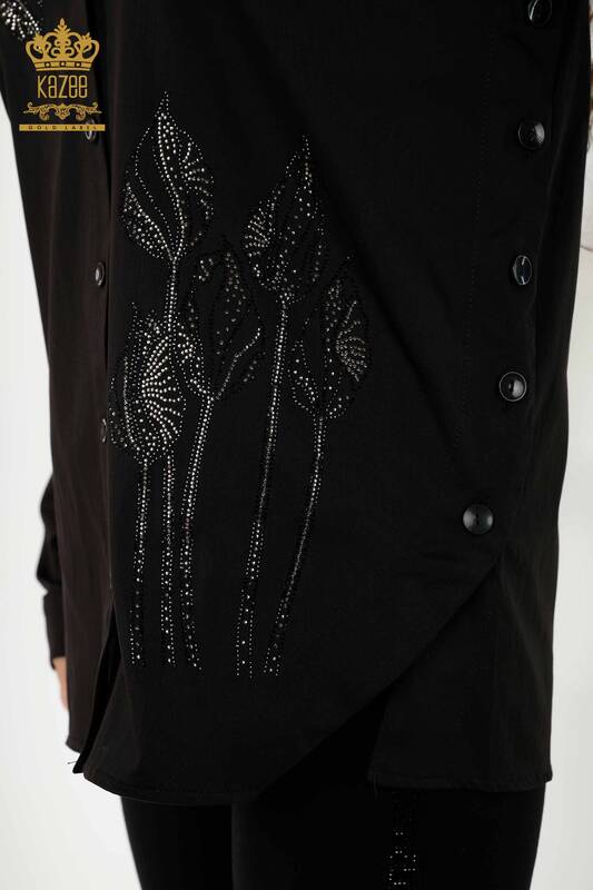 Camicia da donna all'ingrosso - Motivo floreale - Nero - 20297 | KAZEE