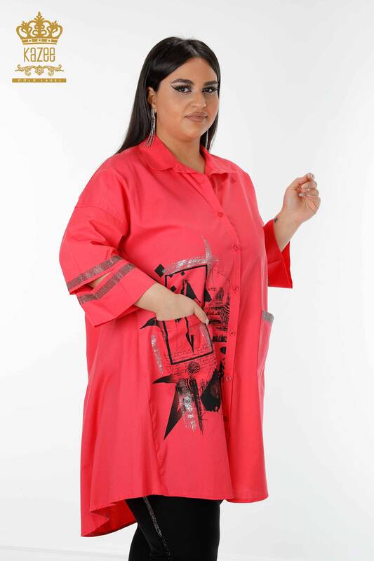 All'ingrosso Camicia da donna - Tasca dettagliata - Corallo - 17199 | KAZEE