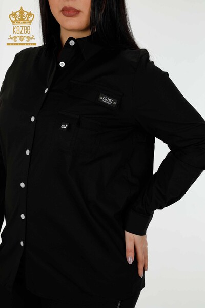 Camicia da donna all'ingrosso tasca dettagliata nera - 20325 | KAZEE - Thumbnail