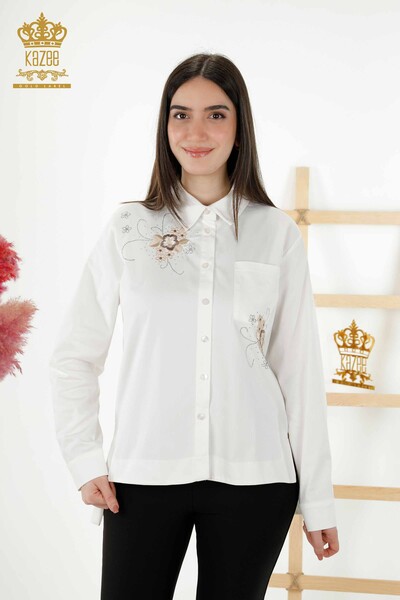 All'ingrosso Camicie da donna - Tasche Pietra ricamata - Ecru - 20248 | KAZEE - Thumbnail