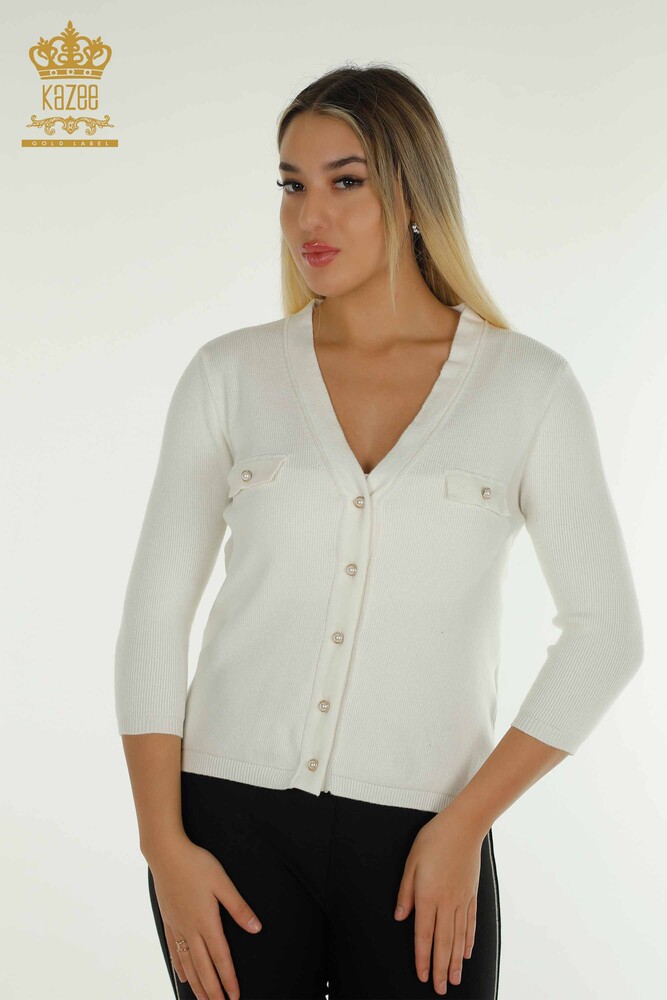 All'ingrosso Cardigan da donna - Bottoni dettagliati - Ecru - 30366 | KAZEE - 1