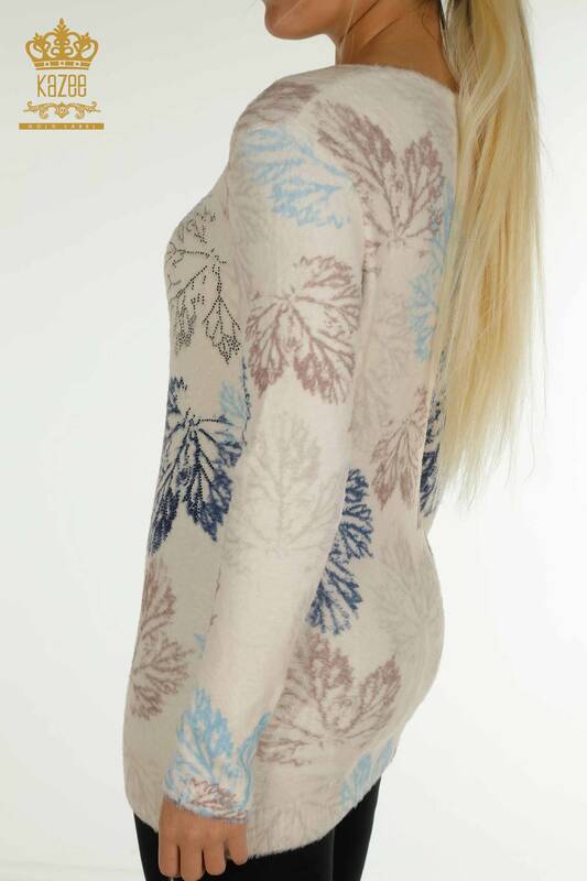 All'ingrosso Maglione di maglieria in angora da donna - Stampato a foglie - Digitale - 40015 | KAZEE