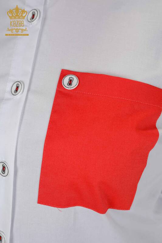 Camicia da donna all'ingrosso tasca dettagliata - corallo bianco - 20309 | KAZEE
