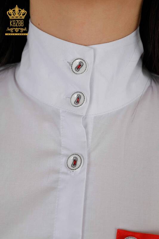 Camicia da donna all'ingrosso tasca dettagliata - corallo bianco - 20309 | KAZEE
