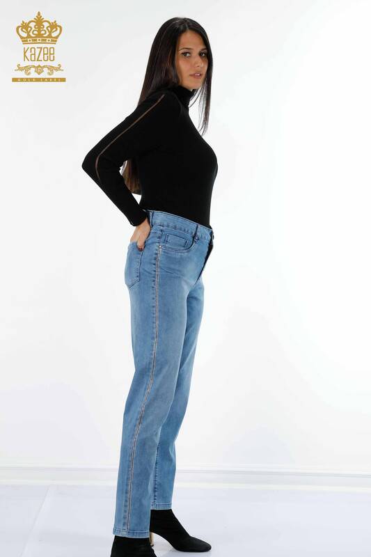 All'ingrosso Jeans da donna - Tasche dettagliate - Strisce - Cristallo Pietra ricamata - 3556 | KAZEE