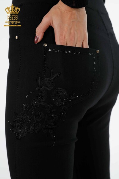 All'ingrosso Pantaloni leggings da donna - Rosa ricamata - Pietre ricamate - Tasche - 3635 | KAZEE - 5