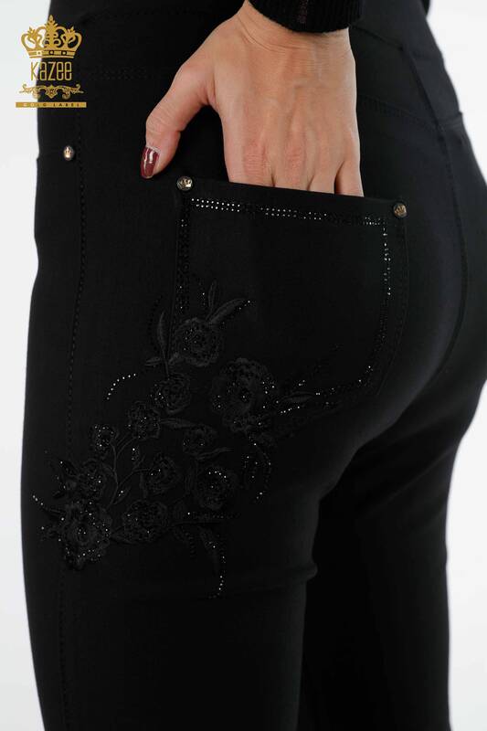All'ingrosso Pantaloni leggings da donna - Rosa ricamata - Pietre ricamate - Tasche - 3635 | KAZEE