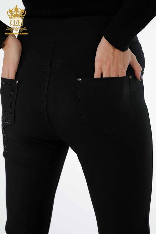 All'ingrosso Pantaloni leggings da donna - Rosa ricamata - Pietre ricamate - Tasche - 3635 | KAZEE
