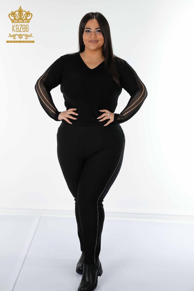 All'ingrosso Pantaloni leggings da donna - Strisce Pietra ricamata - Nero - 3597 | KAZEE - 10