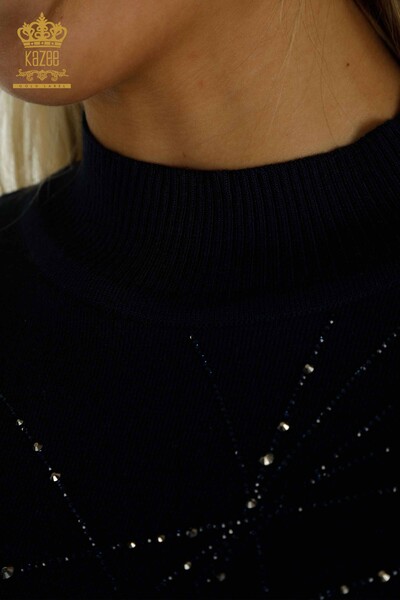 All'ingrosso Maglione di maglieria da donna - Colletto rialzato - Blu navy - 30454 | KAZEE - Thumbnail