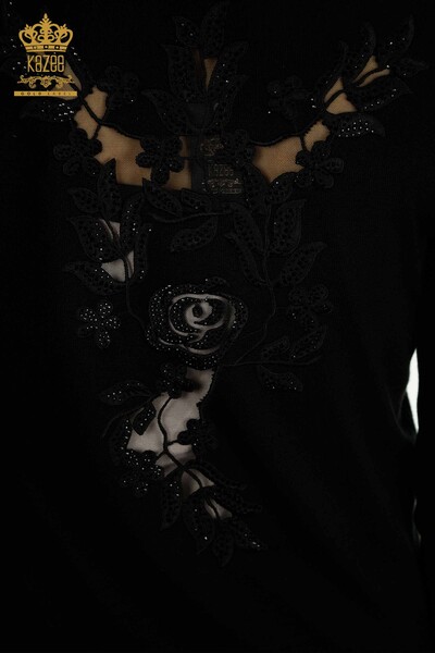 All'ingrosso Maglione di maglieria da donna - Manica Rosa dettagliata - Nero - 15374 | KAZEE - Thumbnail