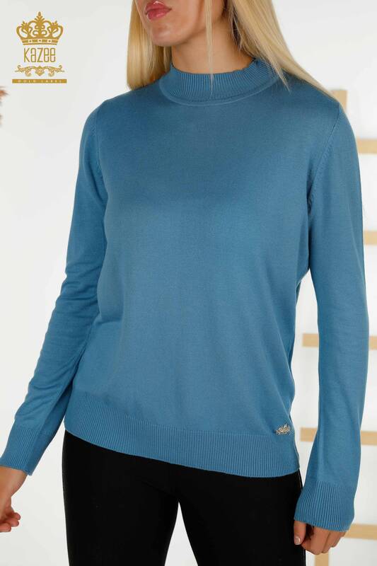 Maglieria da donna all'ingrosso maglione collo alto basic indaco - 16663 | KAZEE