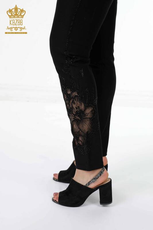 All'ingrosso Pantaloni da donna - Floreale Tulle Dettaglio - Strisce Pietra ricamata - 3576 | KAZEE